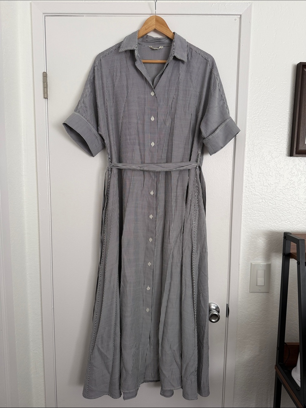 Max Studio Gray Button-Front Maxi Shirt Dress with Self-Tie Belt
